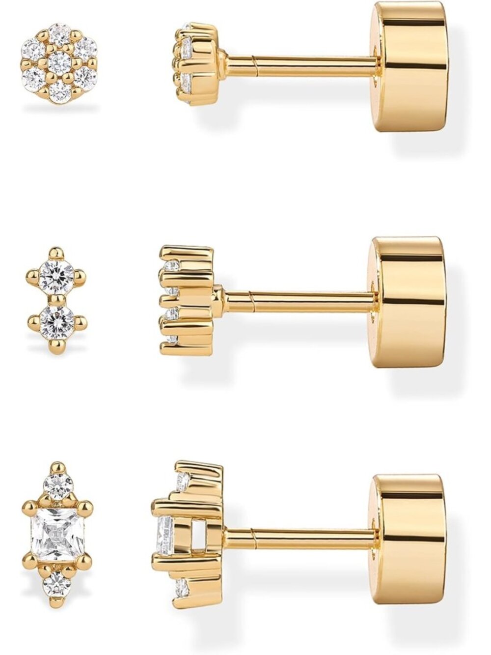 Dainty 14K Gold Plated CZ Stud Earrings for Women - Flat Back, Elegant Design
